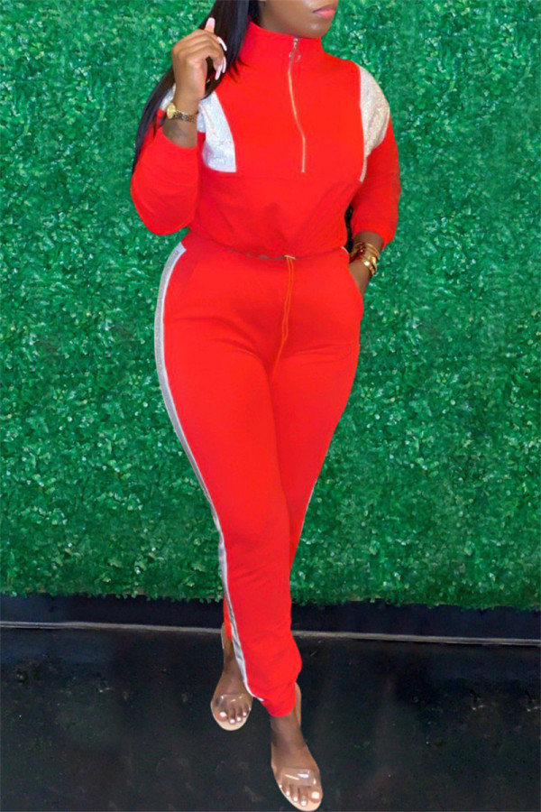 Red Casual Solid Patchwork Contrast Zipper Collar Long Sleeve Two Pieces
