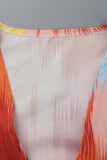 Orange Red Sexy Print Bandage Patchwork V Neck Long Sleeve Two Pieces