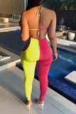 Red Blue Sexy Patchwork Hollowed Out Halter Skinny Jumpsuits