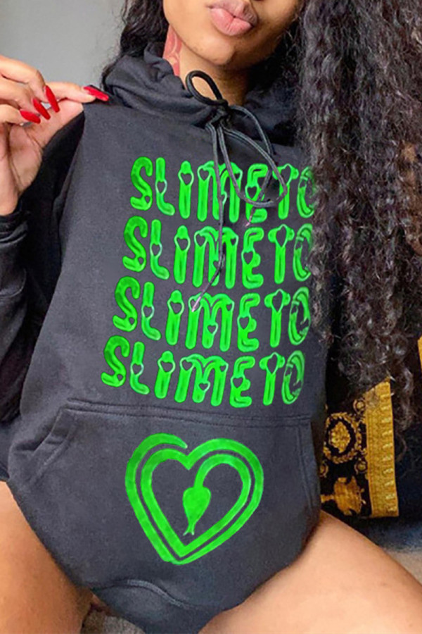 Black Casual Letter Print Patchwork Basic Hooded Collar Tops