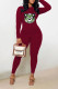 Burgundy Casual Print Patchwork O Neck Long Sleeve Two Pieces