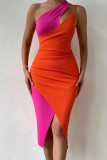 Orange Sexy Solid Hollowed Out One Shoulder Pencil Skirt Dresses