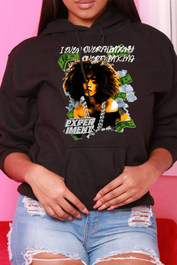 Black Casual Print Patchwork Hooded Collar Tops