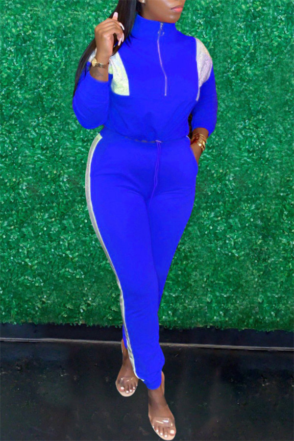 Blue Casual Solid Patchwork Contrast Zipper Collar Long Sleeve Two Pieces