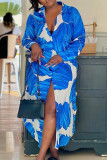 Blue Casual Print Patchwork Turndown Collar Long Sleeve Dresses