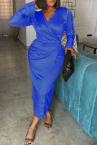 Blue Fashion Casual Solid Patchwork V Neck Long Sleeve Dresses