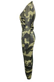 Camouflage Casual Camouflage Print Patchwork V Neck Long Sleeve Two Pieces