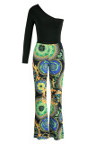 Rose Red Fashion Casual Print Patchwork Backless Oblique Collar Long Sleeve Two Pieces