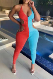 Red Blue Sexy Patchwork Hollowed Out Halter Skinny Jumpsuits