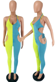 Red Blue Sexy Patchwork Hollowed Out Halter Skinny Jumpsuits