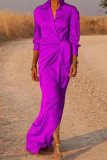 Purple Casual Solid Bandage Patchwork Turndown Collar Shirt Dress Dresses