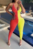 Red Blue Sexy Patchwork Hollowed Out Halter Skinny Jumpsuits