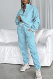 Cyan Casual Solid Patchwork Zipper Collar Long Sleeve Two Pieces