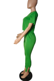 Pink Casual Solid Backless O Neck Short Sleeve Two Pieces