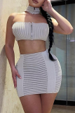 Apricot Sexy Solid Zipper Halter Sleeveless Two Pieces