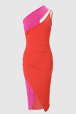 Orange Sexy Solid Hollowed Out One Shoulder Pencil Skirt Dresses