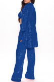 Rose Red Sexy Casual Patchwork Sequins Cardigan Vests Pants Long Sleeve Two Pieces