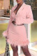 Pink Sexy Solid Patchwork Feathers Turn-back Collar Long Sleeve Two Pieces