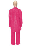 Rose Red Sexy Casual Patchwork Sequins Cardigan Vests Pants Long Sleeve Two Pieces
