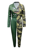 Camouflage Casual Camouflage Print Patchwork V Neck Long Sleeve Two Pieces