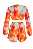 Orange Red Sexy Print Bandage Patchwork V Neck Long Sleeve Two Pieces