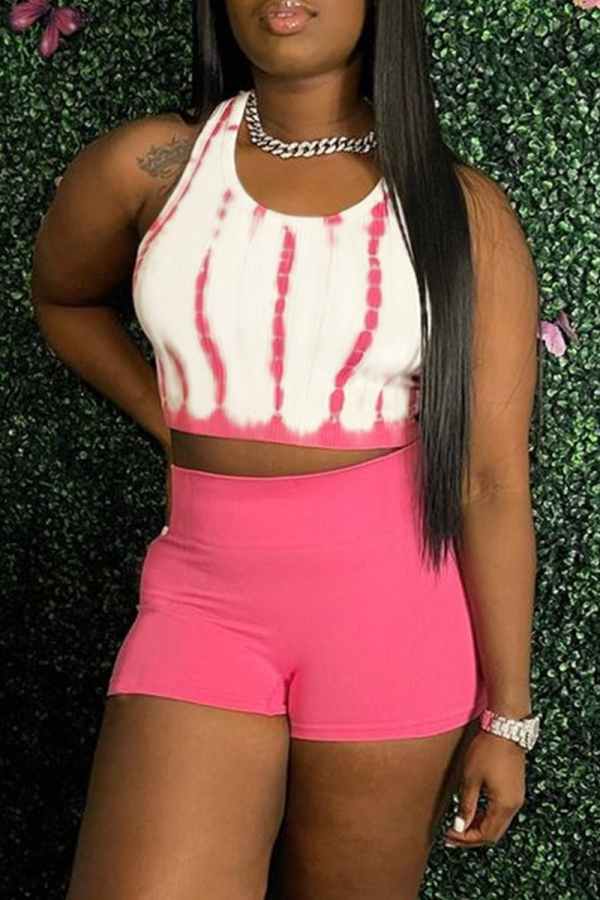 Pink Sexy Print Patchwork Halter Sleeveless Two Pieces