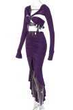 Purple Sexy Solid Bandage Patchwork Flounce V Neck Long Sleeve Two Pieces
