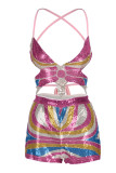 Rose Red Sexy Sequins Patchwork Frenulum Backless Asymmetrical Sleeveless Two Pieces