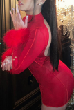 Red Sexy Solid Tassel Backless Half A Turtleneck Pencil Skirt Dresses