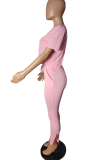 Pink Casual Solid Backless O Neck Short Sleeve Two Pieces
