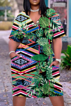 Green Casual Print Patchwork V Neck Short Sleeve Dress