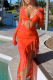 Red Sexy Print Hollowed Out Patchwork Frenulum Flounce Asymmetrical V Neck Irregular Dress Dresses
