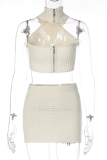 Apricot Sexy Solid Zipper Halter Sleeveless Two Pieces