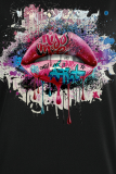 Black Street Vintage Lips Printed Patchwork Letter O Neck Tops