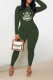 Army Green Casual Print Patchwork O Neck Long Sleeve Two Pieces