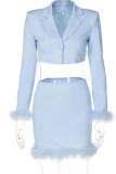Pink Sexy Solid Patchwork Feathers Turn-back Collar Long Sleeve Two Pieces