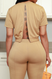 Pink Casual Solid Backless O Neck Short Sleeve Two Pieces