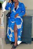 Blue Casual Print Patchwork Turndown Collar Long Sleeve Dresses