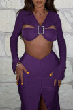 Purple Sexy Solid Bandage Patchwork Flounce V Neck Long Sleeve Two Pieces