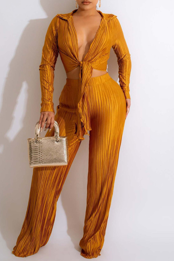 Yellow Casual Solid Bandage V Neck Long Sleeve Two Pieces