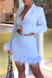 Pink Sexy Solid Patchwork Feathers Turn-back Collar Long Sleeve Two Pieces