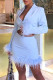Blue Sexy Solid Patchwork Feathers Turn-back Collar Long Sleeve Two Pieces