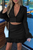 Pink Sexy Solid Patchwork Feathers Turn-back Collar Long Sleeve Two Pieces
