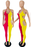 Red Blue Sexy Patchwork Hollowed Out Halter Skinny Jumpsuits