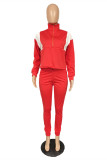 Red Casual Solid Patchwork Contrast Zipper Collar Long Sleeve Two Pieces