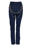 Blue Sexy Street Solid Ripped Patchwork Metal Accessories Decoration High Waist Denim Jeans