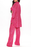 Rose Red Sexy Casual Patchwork Sequins Cardigan Vests Pants Long Sleeve Two Pieces
