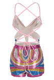 Rose Red Sexy Sequins Patchwork Frenulum Backless Asymmetrical Sleeveless Two Pieces