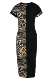 Black Sexy Animal Print Patchwork O Neck Pencil Skirt Dresses