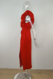 Red Sexy Formal Solid Patchwork Slit V Neck One Step Skirt Dresses